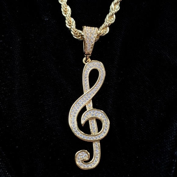 MUSIC NOTE FULL DIAMONDS CZ 18K GOLD CHAIN ITALY!